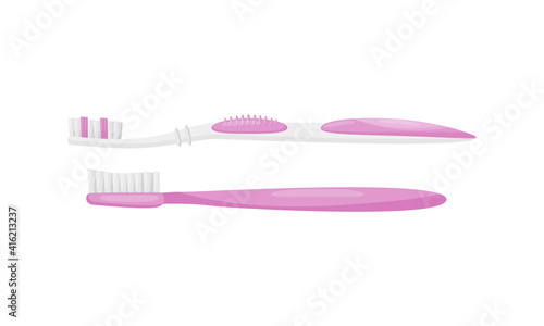 Toothbrush with Bristles and Handle as Oral Hygiene Instrument Vector Set