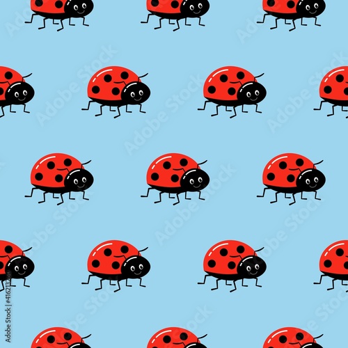 Seamless background with ladybug. Vector illustration on blue. Pattern with beetles for tissue, paper, prints and other.