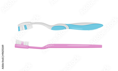 Toothbrush with Bristles and Handle as Oral Hygiene Instrument Vector Set
