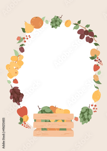 Big set of fruits and berries frame with an empty space. Wooden box with sweet raw food. Template for organic market, banner, poster, card. Juicy and fresh nutrition. Vector illustration concept