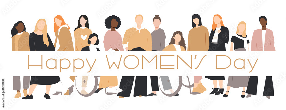 Women's Day card. Women of different ethnicities stand side by side together. 8 March International women's day. Flat vector illustration.