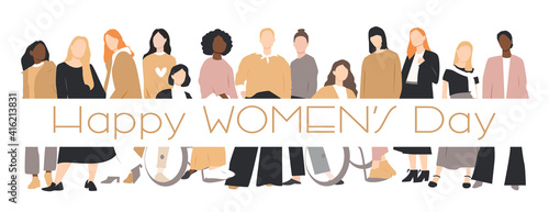 Women's Day card. Women of different ethnicities stand side by side together. 8 March International women's day. Flat vector illustration.