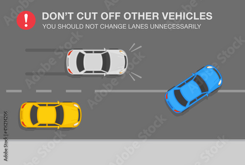 Sedan car driver cuts off an other car on a highway. Don't cut off other vehicles warning. Traffic or road rules. Top view. Changing lanes while driving a car. Flat vector illustration template. 