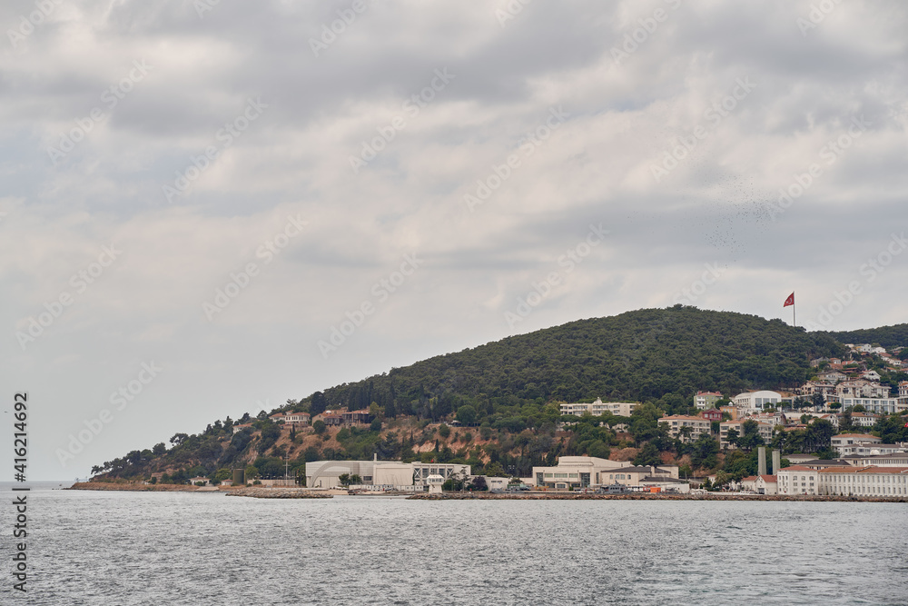 Fototapeta premium Island shoreline with buildings and trees view from water