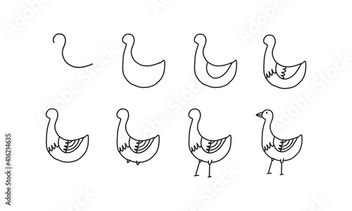 how to draw a cute bird step by step. pets animal cartoon coloring character collection for kids. easy funny animal drawing illustration for kids creativity. drawing guide book in vector design.