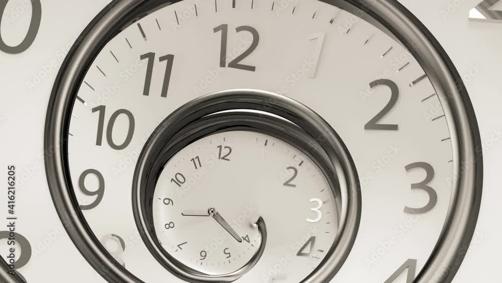 Camera Zoom out Vintage Round Clock time spinning backwards with infinity.  3D Rendering Golden Round Clock Time running backwards isolated on white background with Alpha matte. Time is concept.