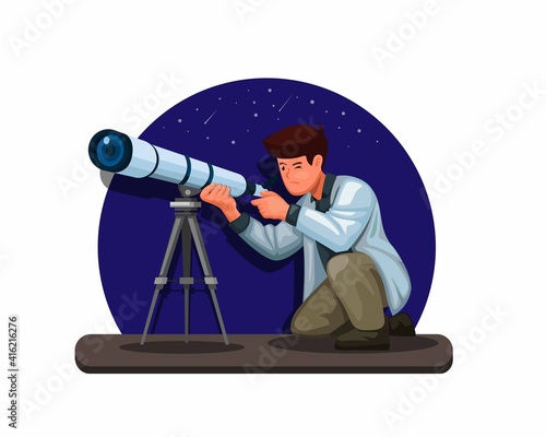 Astronomer Scientist using telescope concept illustration in cartoon vector 