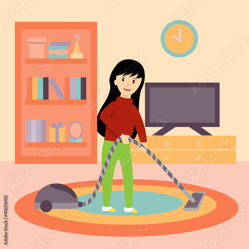woman vacuuming carpet in living room. Housewife cleaning the room cartoon vector
