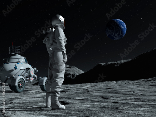Astronaut at the spacewalk on the moon looking at the earth. Next to him a moon vehicle.