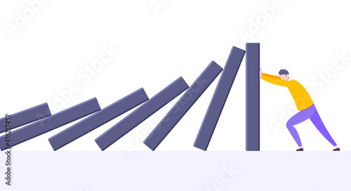 Domino effect or business resilience metaphor vector illustration concept. Adult young businessman pushing falling domino line business concept of problem solving and stopping domino chain reaction.