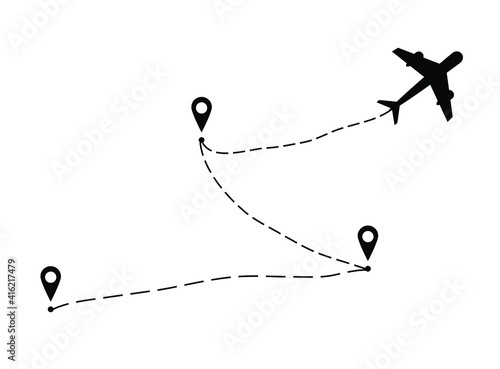 Airplane line path vector icon of airplane flight route with start point and dash line trace