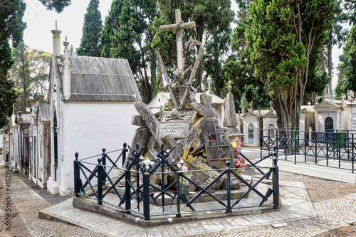 Crypts and details of the family tombs on the old city cemetery Cemiterio dos Prazeres in Lisbon, Portugal