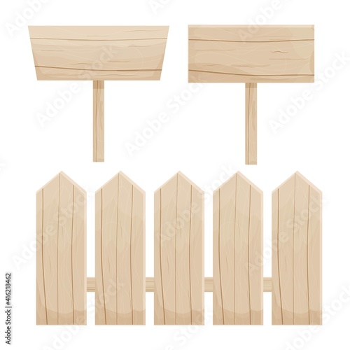 Set of wood garden rural fence and billboards, textured, detailed in pastel colours Scandinavian cartoon style isolated on white background. Outdoor decoration, seasonal objects.