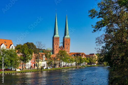 View of the Old Town pier architecture in Lubeck, Germany