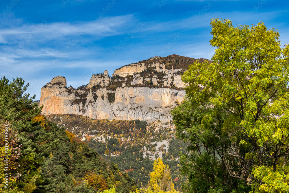 French countryside. Treschenu-Creyers: view of the heights of the Vercors, the marly hills and the valley Val de Drome.