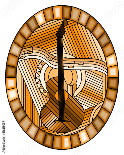 Illustration in stained glass style on the theme of music, abstract guitar and notes on an abstract background, oval image in bright frame, monochrome,tone brown
