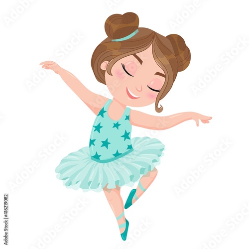 Little girl ballerina. Child in a tutu skirt and pointe shoes. Ballet. Vector illustration in cartoon style isolated on white background.