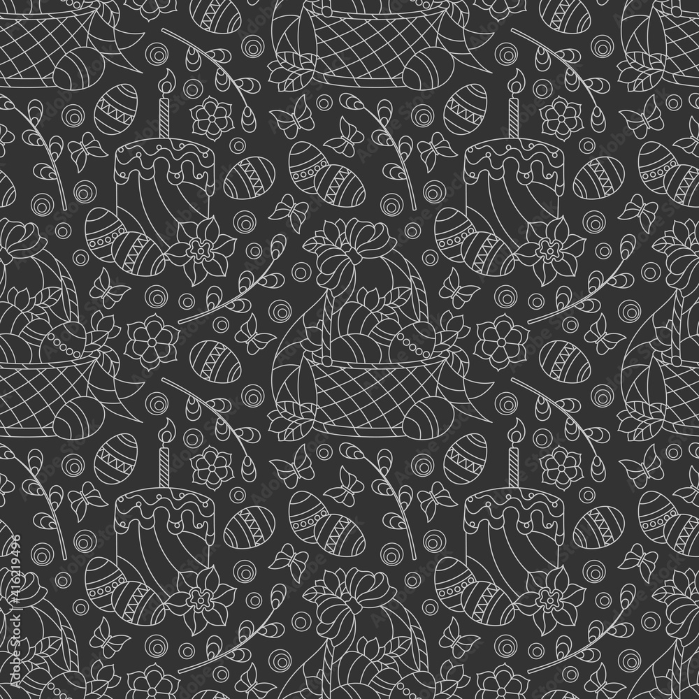 Seamless pattern on the theme of the Easter holiday , baskets, cakes, eggs and flowers, light contours  on a dark background