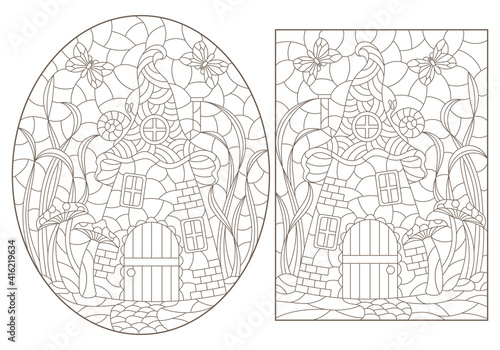 A set of contour illustrations with dwarf houses on a background of mushrooms and grass, dark outlines on a white background