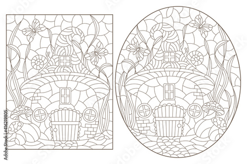 A set of contour illustrations with dwarf houses on a background of mushrooms and grass, dark outlines on a white background