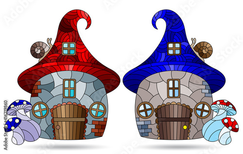 A set of illustrations in the stained glass style with dwarf houses, cozy houses in the form of mushrooms isolated on a white background