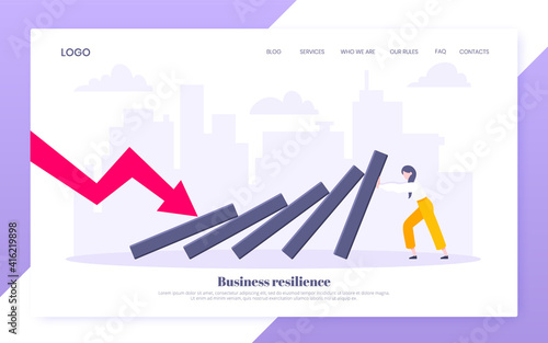 Domino effect or business resilience metaphor vector illustration website concept. Adult young businesswoman pushing falling domino line business concept of problem solving and stopping chain reaction
