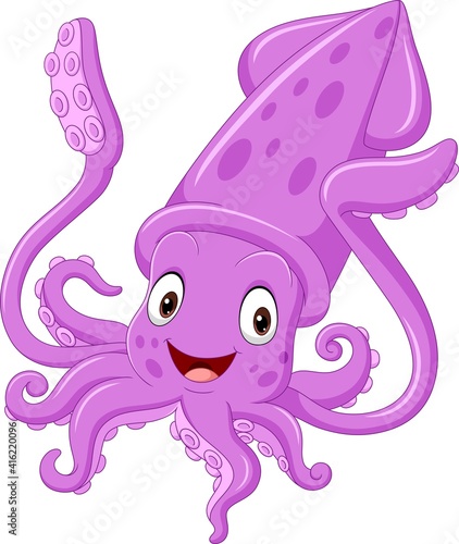 Cartoon purple squid isolated on white background