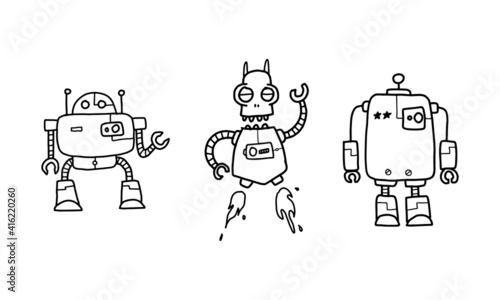 funny futuristic robots cartoon set isolated on white background. cute colorless robot illustration hand drawn in vector design.
