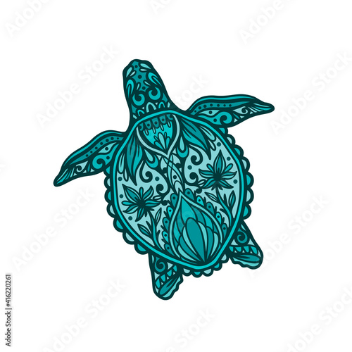 Turtle mandala ocean animal.Wild reptile isolated in white background.Summer underwater marine.
