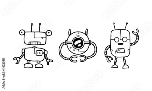 funny futuristic robots cartoon set isolated on white background. cute colorless robot illustration hand drawn in vector design.