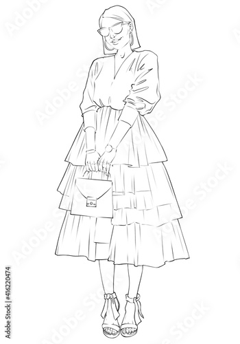 Fashion beautiful model coloring page. Black and white fashion sketch on white background. Fashion beautiful lady in midi skirt standing on a white background. Coloring antistress summer fashion art