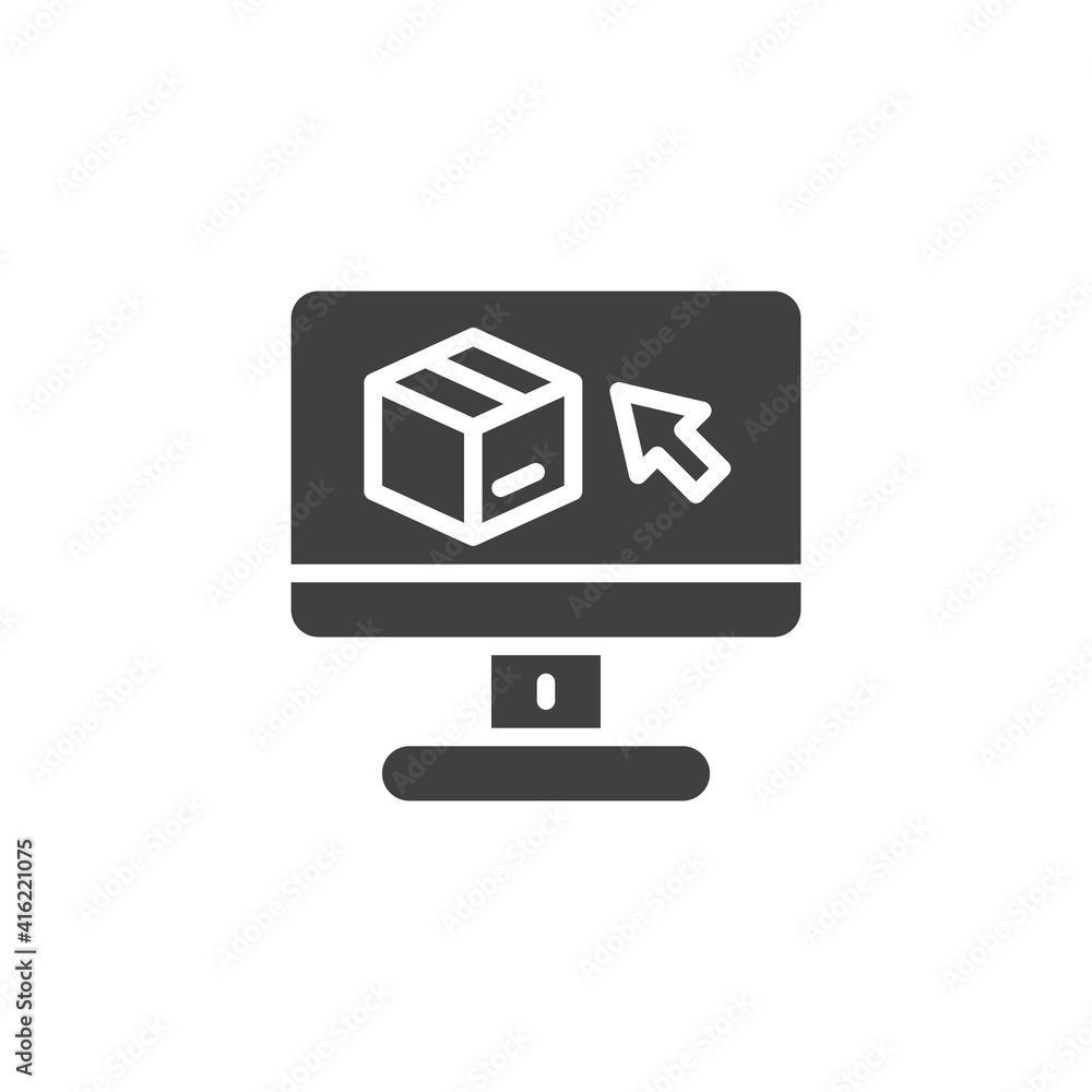 Package order vector icon. Computer display with package box filled flat sign for mobile concept and web design. Online delivery service glyph icon. Symbol, logo illustration. Vector graphics Package order vector icon. Computer display with package box filled flat sign for mobile concept and web design. Online delivery service glyph icon. Symbol, logo illustration. Vector graphics