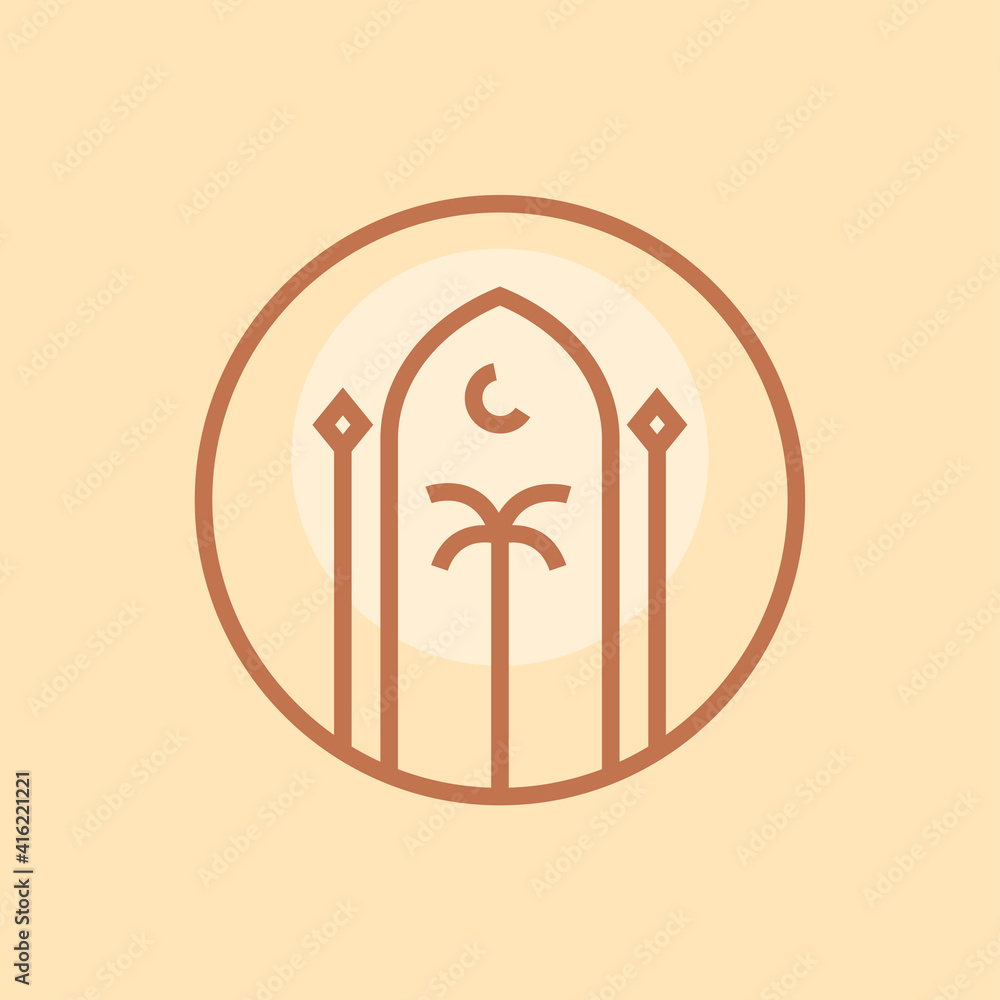 aesthetic palm tree monoline vector illustration with modern middle east architecture logo template design aesthetic palm tree monoline vector illustration with modern middle east architecture logo template design