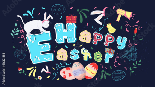 Happy Easter painted poster with a beautiful inscription Cat with rabbit ears This illustration can be used for a festive design or print a flat vector