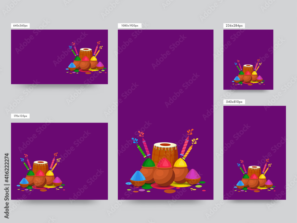 Social Media Poster Or Template Set With Bowls, Mud Pots Full Of Powder (Gulal), Color Guns, Dhol Instrument On Purple Background.