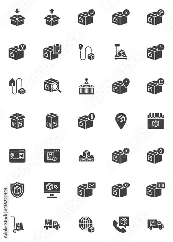 Delivery, logistics vector icons set, cargo shipping modern solid symbol collection, filled style pictogram pack. Signs, logo illustration. Set includes icons as parcel delivery service, packaging box