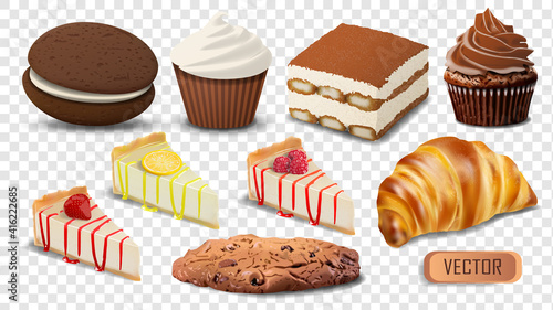 Set of realistic vector confectionery products isolated on transparent background. Illustration of cakes, cupcakes and cookies