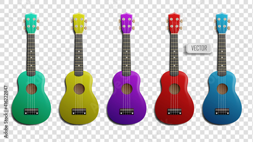Set of multicolored ukulele realistic vector illustration. Acoustic Classical Ukulele Four Strings