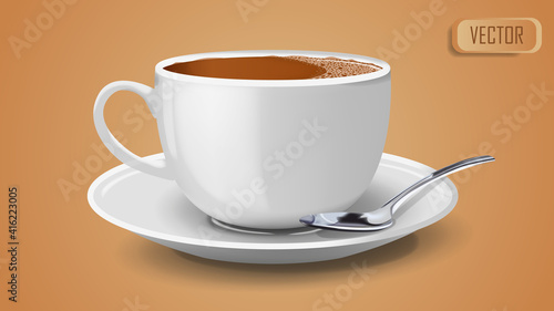 Realistic white coffee cup, side view. Classic espresso with teaspoon vector illustration