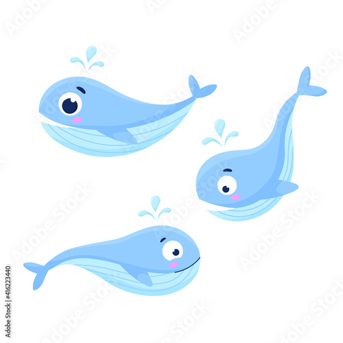 Set of cute  marine  cartoon animals. Underwater animals. Whale  shark  dolphin. Undersea world. Cartoon vector illustration isolated on white. Flat style. Printing  fabric. textiles  development