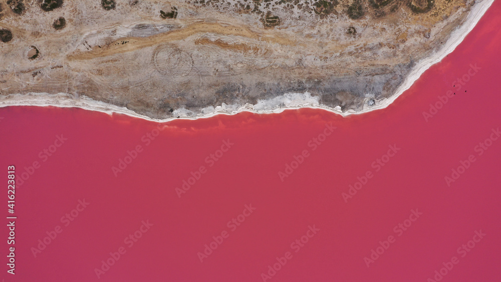 Aerial drone top down photo of a natural pink lake and coast Genichesk, Ukraine. Lake naturally turns pink due to salts and small crustacean Artemia in the water. This miracle is rare. Aerial drone top down photo of a natural pink lake and coast Genichesk, Ukraine. Lake naturally turns pink due to salts and small crustacean Artemia in the water. This miracle is rare.
