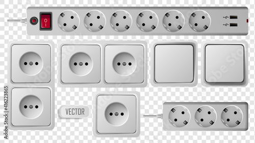 Socket, switch and extension vector outlet for electric plugs and electricity illustration. Set of different types of power isolated sockets and switchers