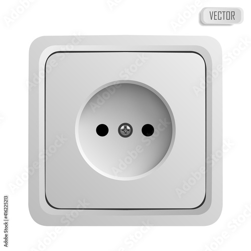 White power socket on wall with shadow, 3d realistic vector illustration, isolated on white background