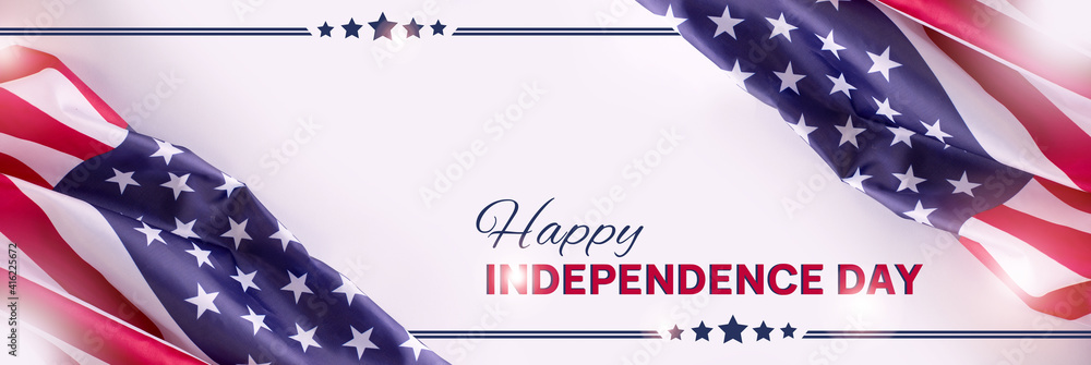 Naklejka premium Happy Independence Day Banner with American Flag on the grey background and greeting text.