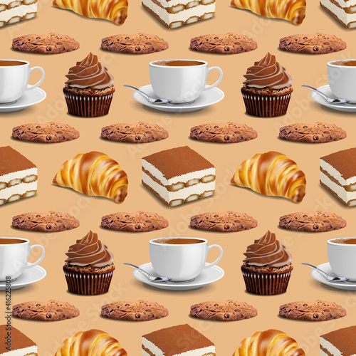 Seamless pattern with a cup of coffee and various sweet desserts. Vector pattern. Printing for textiles, fabrics, wallpapers, scrapbooking
