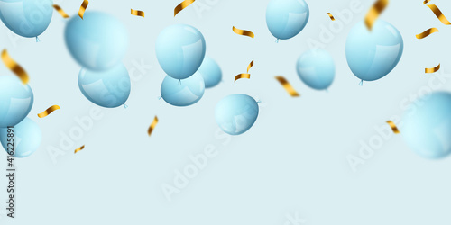balloons blue celebration frame background. gold confetti glitters for event and holiday poster. singles super sale