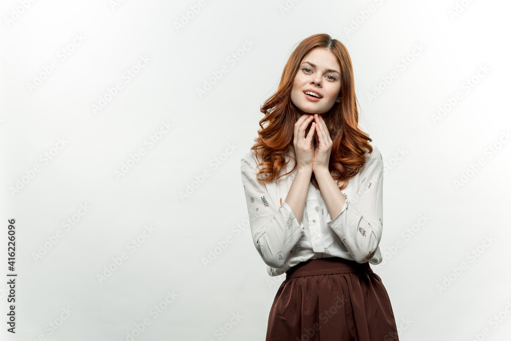 emotional elegant woman gesturing with hands formal suit studio isolated background emotional elegant woman gesturing with hands formal suit studio isolated background