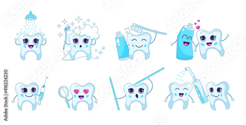 Сute cartoon tooth. Dental care. Teeth characters with toothbrush and toothpaste, mouth rinse with tooth mascot, teeth whitening. Prevention and treatment of teeth, health teeth