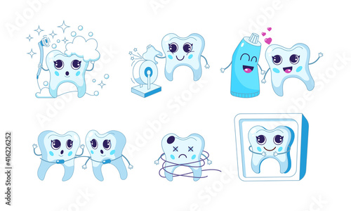 Сute cartoon tooth. Dental care. Teeth characters with toothbrush, toothpaste, mouth rinse, teeth whitening, carious tooth, trying on bracket. Prevention and treatment of teeth, health teeth