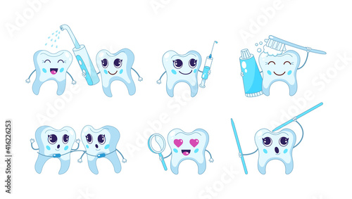 Сute cartoon tooth. Dental care. Teeth characters with toothbrush and toothpaste, mouth rinse with tooth mascot, teeth whitening. Prevention and treatment of teeth, health teeth